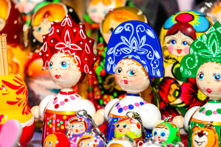 Gorodets, Russia - Circa June, 2018. Traditional handicraft wooden souvenirs at street gift store near complex "City of Craftsmen" on the banks of the Volga River.のeditorial素材