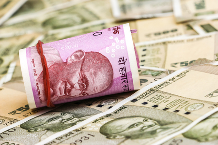 Close up view of brand new indian 2000 rupees banknotes. 500 rupee banknotes in background.の写真素材