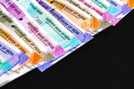 Close up view of brand new indian 50, 100, 200, 500, 2000 rupees banknotes. Colorful Ñash money background.の写真素材