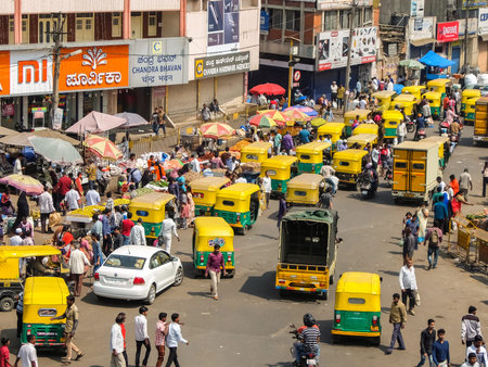 Bangalore, India - Circa January, 2018. Crowded street  view in Bangalore.