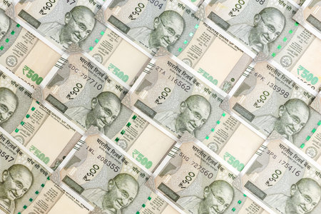 Close up view of brand new indian 500 rupees banknotes. Money background.