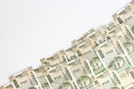 Close up view of brand new indian 500 rupees banknotes. Money background.