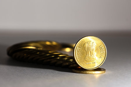 Close up view of new indian coins.