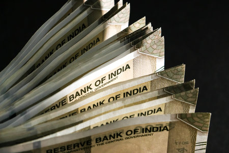 Close up view of brand new indian 500 rupees banknotes.