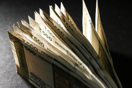 Close up view of brand new indian 500 rupees banknotes.の写真素材