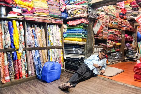Jodhpur, India - Circa March, 2018. Cloth shop on the street of Jodhpur.のeditorial素材