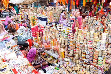 Jodhpur, India - Circa March, 2018. Bracelets on indian market, Jodhpur, India