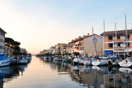 Grado, Italy - Circa August 2017. Beautiful evening view of sailboats in Grado.のeditorial素材