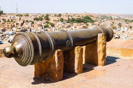 Jaisalmer, India - Circa March, 2018. Ancient cannon in Jaisalmer Fort.のeditorial素材