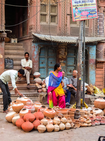 Bikaner, India - Circa March 2018. Clay pots for sale on the street market in Bikaner.のeditorial素材