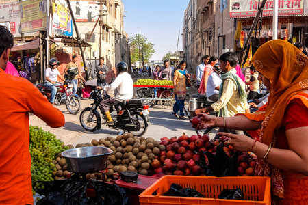 Bikaner, India - Circa March 2018. Fruit stall on the street of Bikaner.のeditorial素材