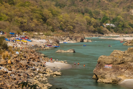 Rishikesh, India - Circa April 2018. Rafting on Ganga river in Rishikesh, Uttarkhand, India