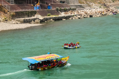 Rishikesh, India - Circa April 2018. Boating on Ganga river in Rishikesh.