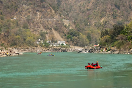 Rishikesh, India - Circa April 2018. Rafting on Ganga river in Rishikesh, Uttarkhand, India