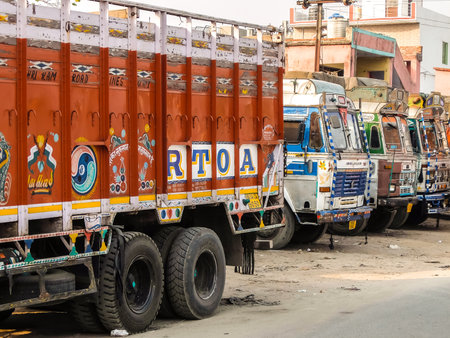 Rishikesh, India - Circa April 2018. Colorful cargo truck with rich decorative paintings, typical for the trucks in India.のeditorial素材