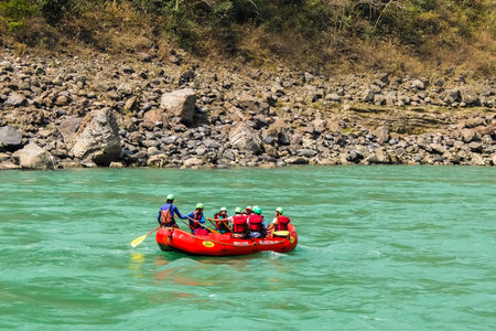 Rishikesh, India - Circa April 2018. Rafting on Ganga river in Rishikesh, Uttarkhand, India