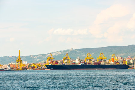 Muggia, Italy - Circa August 2018. Cargo ships moored in the port of Trieste.のeditorial素材