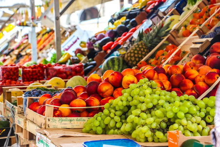 Padova, Italy - Circa September 2018. Vegetable market on the Erbe square (Piazza Delle Erbe) in Padova.のeditorial素材