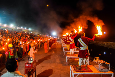 Rishikesh, India - Circa March 2018. Ganga Aarti ceremony in Rishikesh.のeditorial素材