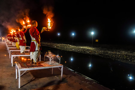 Rishikesh, India - Circa March 2018. Ganga Aarti ceremony in Rishikesh.のeditorial素材