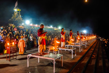 Rishikesh, India - Circa March 2018. Ganga Aarti ceremony in Rishikesh.のeditorial素材