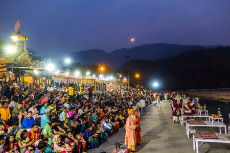 Rishikesh, India - Circa March 2018. Ganga Aarti ceremony in Rishikesh.
