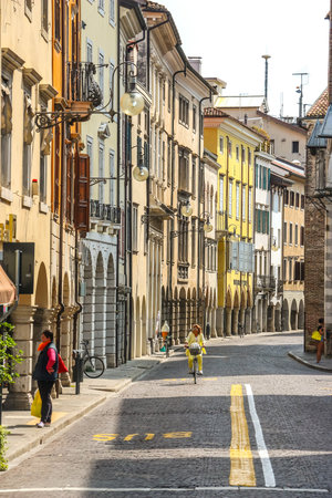 Udine, Italy - Circa August 2018. Beautiful streets of Udine in sunny day.のeditorial素材
