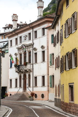 Longarone, Italy - Circa August 2018. Empty streets of Longarone in cloudy day.のeditorial素材