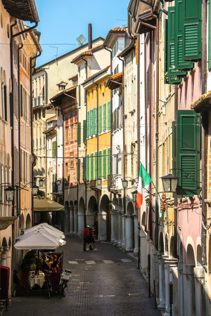 Pordenone, Italy - Circa August 2018. Beautiful streets of Pordenone in sunny day.のeditorial素材