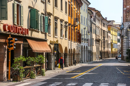Udine, Italy - Circa August 2018. Beautiful streets of Udine in sunny day.のeditorial素材