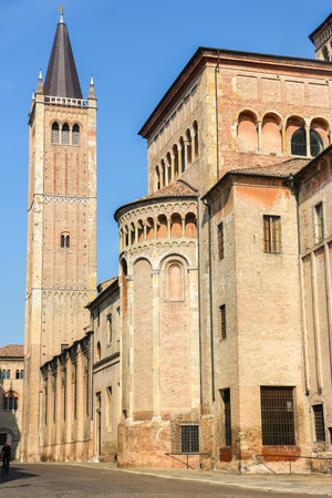 Parma, Italy - Circa September 2018. Beautiful architecture of Parma Cathedral (Cattedrale di Parma) in sunny day.のeditorial素材