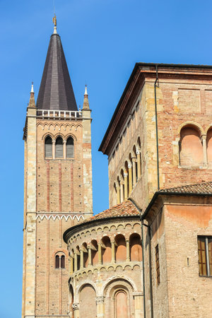Parma, Italy - Circa September 2018. Beautiful architecture of Parma Cathedral (Cattedrale di Parma) in sunny day.のeditorial素材