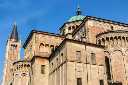 Parma, Italy - Circa September 2018. Beautiful architecture of Parma Cathedral (Cattedrale di Parma) in sunny day.のeditorial素材