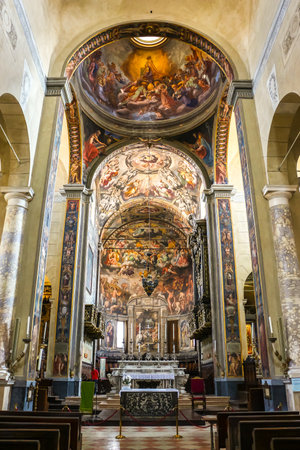 Reggio Emilia, Italy - Circa September 2018. Beautiful interiors of catholic church (Basilica of San Prospero) in Reggio Emilia.のeditorial素材