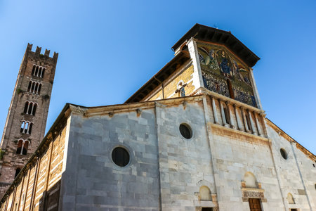 Lucca, Italy - Circa September 2018. Beautiful architecture of catholic church (Basilica di San Frediano) in Lucca.のeditorial素材