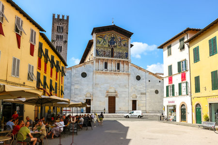 Lucca, Italy - Circa September 2018. Beautiful architecture of catholic church (Basilica di San Frediano) in Lucca.のeditorial素材