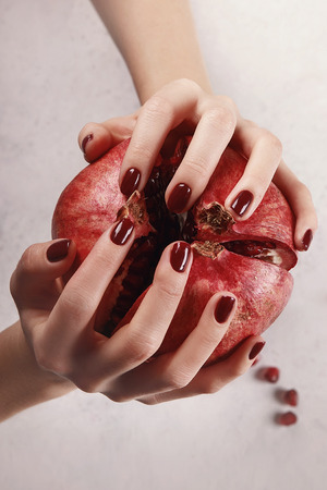 Beautiful women's hands with dark red manicure, white background, holding a ripe pomegranate. Nail extension. Manicure, Spa salon. Creative, advertising.の写真素材
