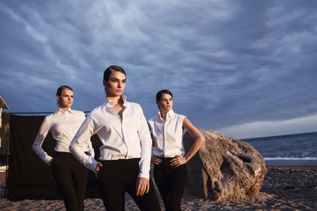 Three young duves posing on a sandy beach, at sunset.の写真素材