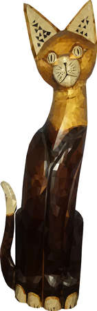 Brown wood sculpture of afro cat in low polygon style, isolated on white background, with ears.のイラスト素材