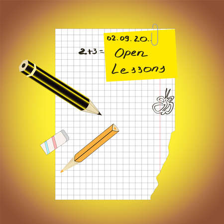 Set icons items for school and office, notebook, pencil, eraser, paper clips, stickers and a sheet of paper. Vector illustration.のイラスト素材