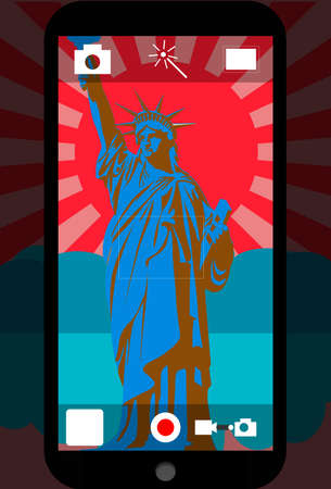 Smart phone camera in front view from statue of libertyの写真素材