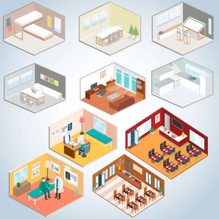 Collection of Isometric isolated interior rooms vectorのイラスト素材
