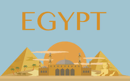Egyptian pyramids banner in desert with blue skyのイラスト素材