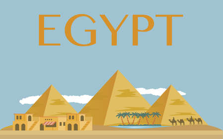 Egyptian pyramids banner in desert with blue skyの写真素材