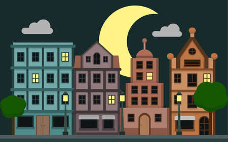 Concept of Cute Night city with isolated objectsのイラスト素材