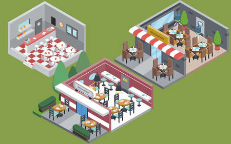 Collection of isolated Isometric restaurant interior in different stylesのイラスト素材