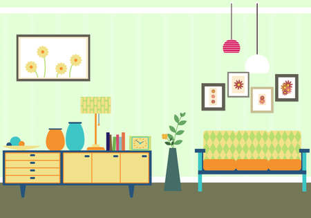 Vintage Living Room interior with sofa and different isolated objectsのイラスト素材