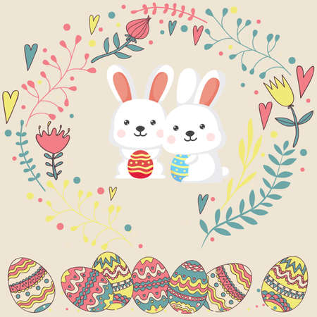 Happy easter day with easter elements and rabbitのイラスト素材