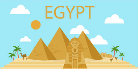 Egyptian pyramids banner in desert with blue skyのイラスト素材