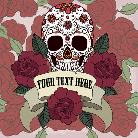 Sugar skull with frame with ribbon and roses vectorのイラスト素材